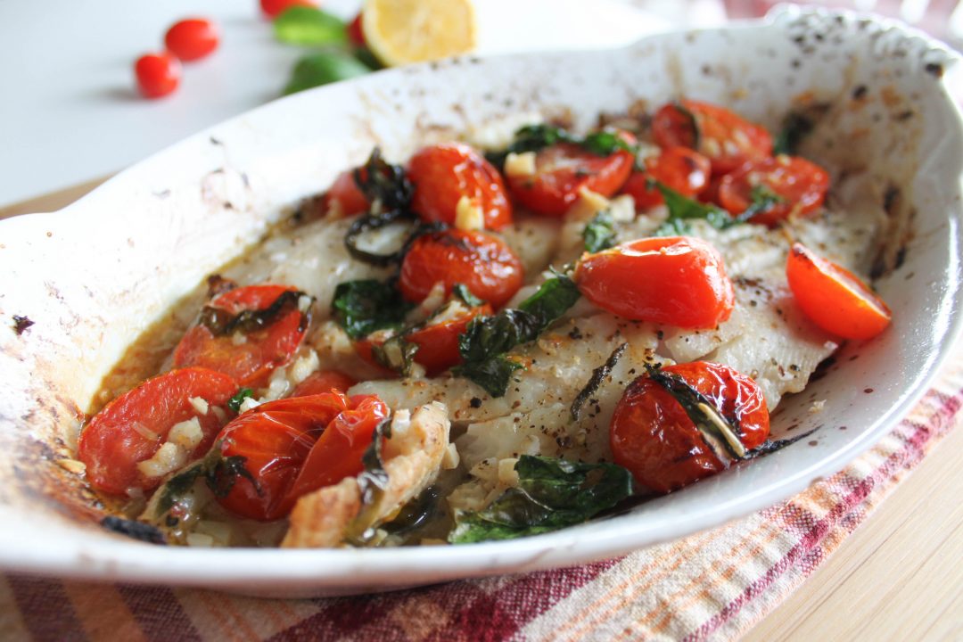 Baked Flounder with Tomatoes and Basil • Harbor Fish Market