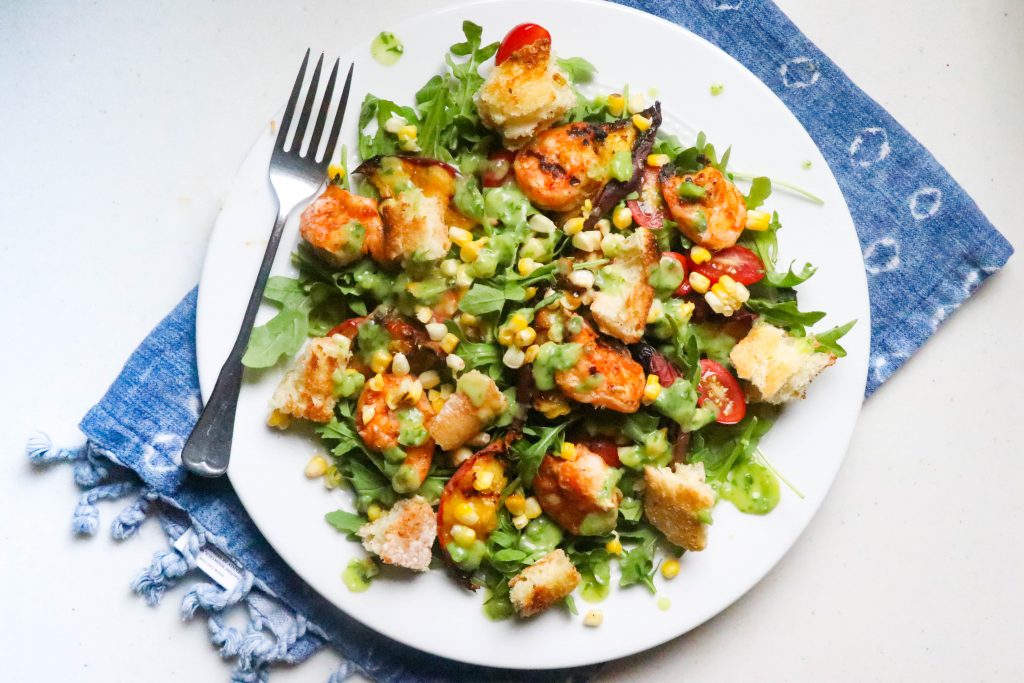 Zesty Grilled Shrimp, Bread and Sweet Peach Salad with Avocado