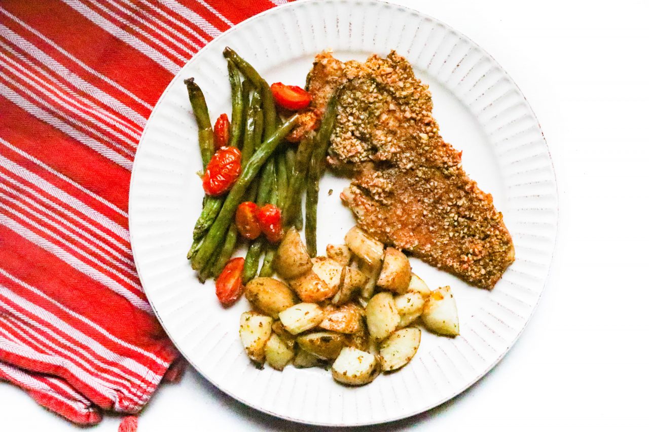 Almond Crusted Flounder with Seasoned Potatoes and Roasted Green Beans